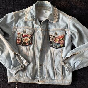 Vintage Jean Jacket with Floral embroidery & lace